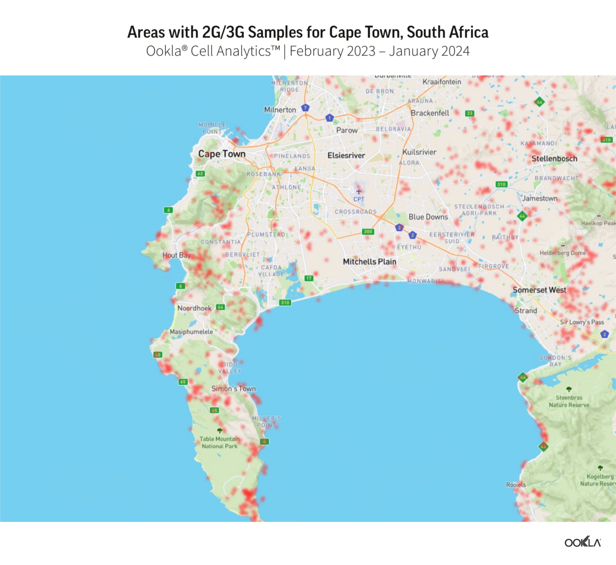 Map of Areas with 2G/3G Samples for Cape Town, South Africa