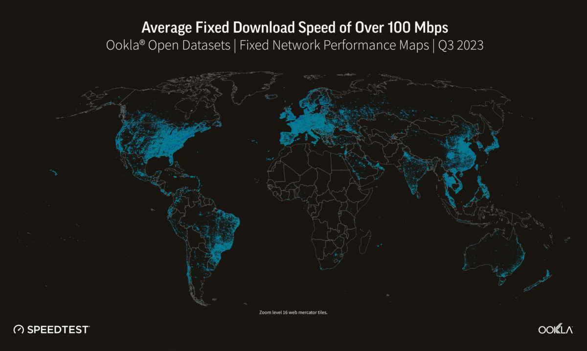 Map of Average Fixed Download Speed of Over 100 Mbps
