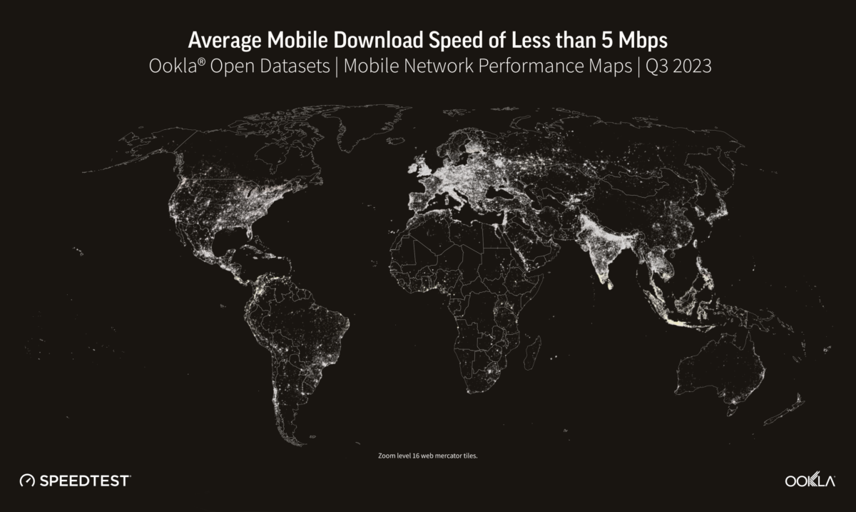 Map of Average Mobile Download Speed of Less than 5 Mbps
