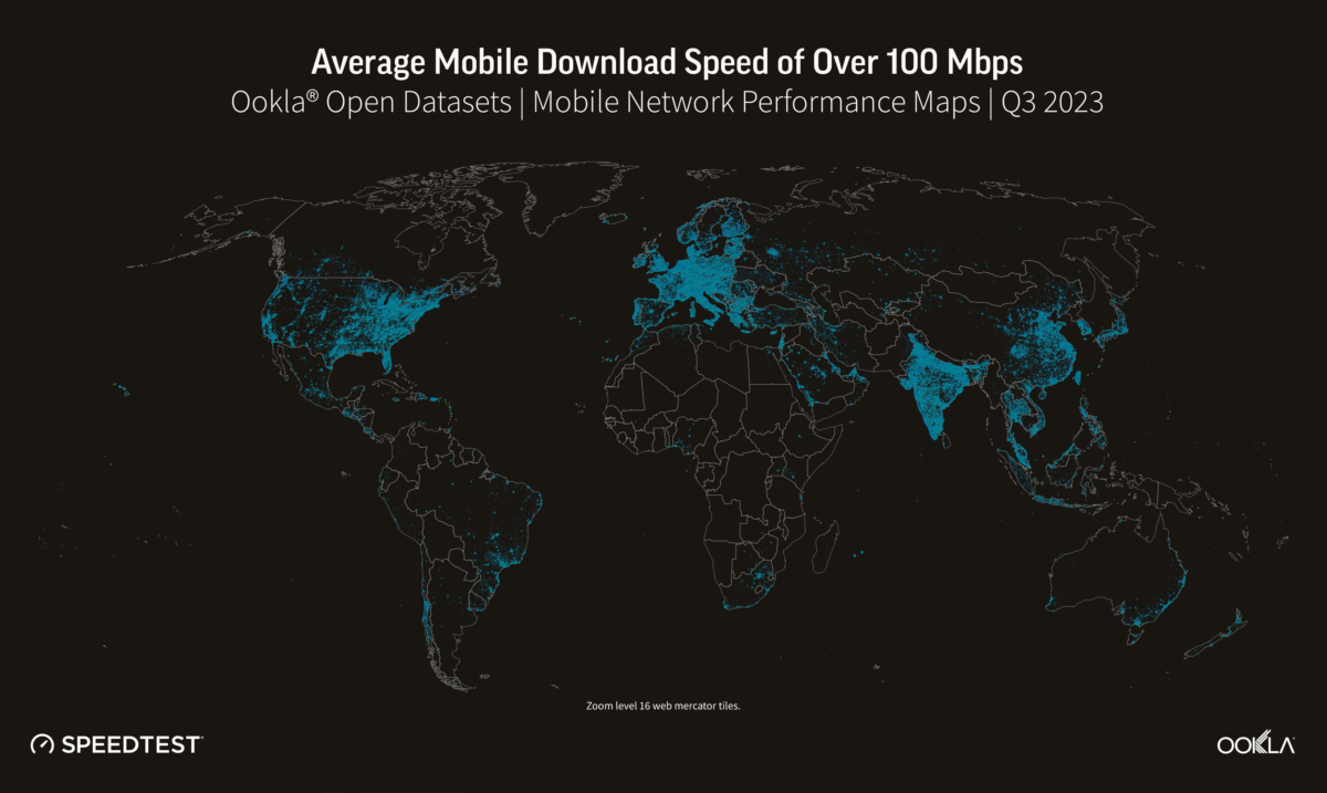 Map of Average Mobile Download Speed of Over 100 Mbps
